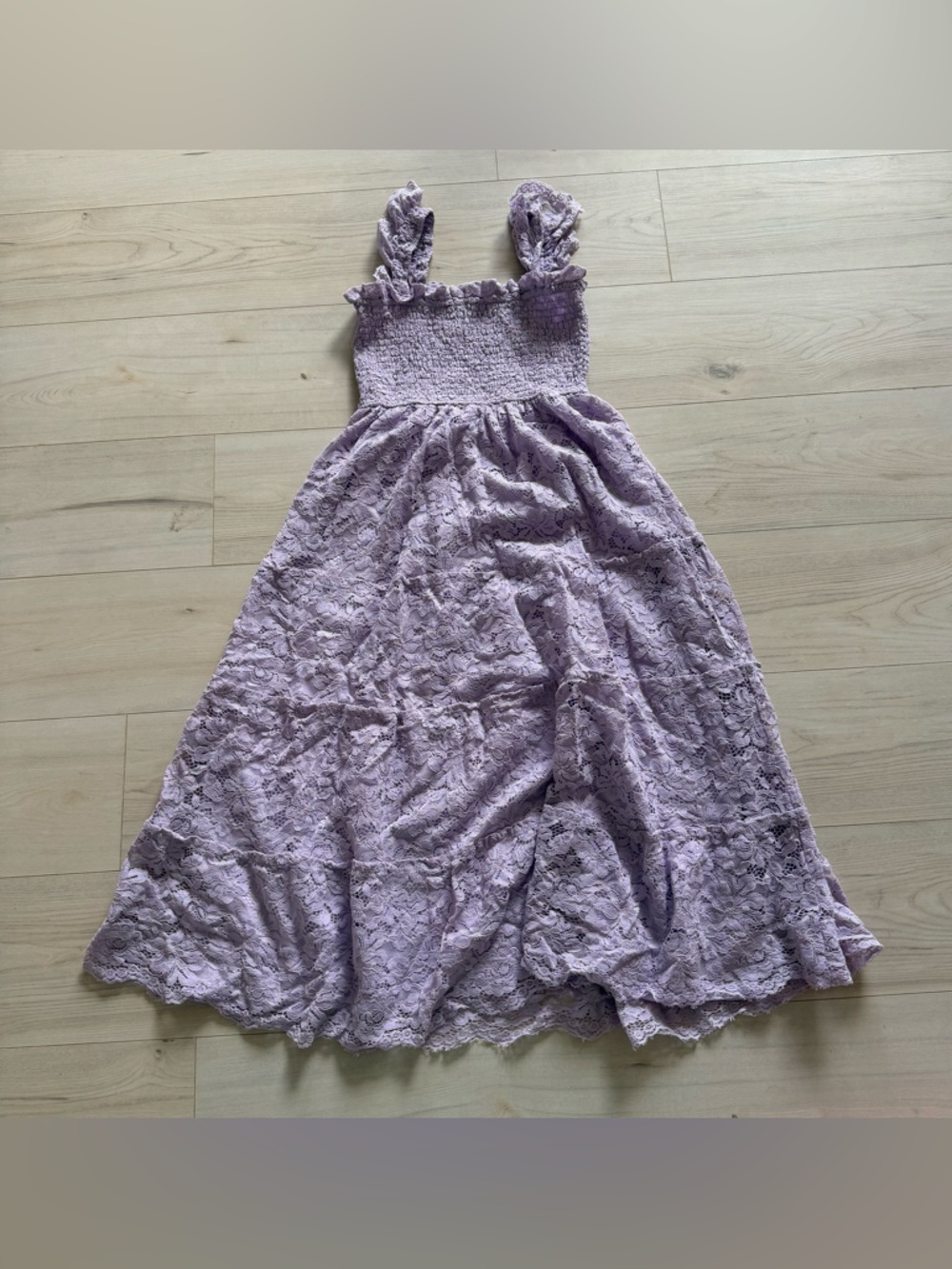 Altar'd State Lavender Lace Midi Dress with Ruffle Straps